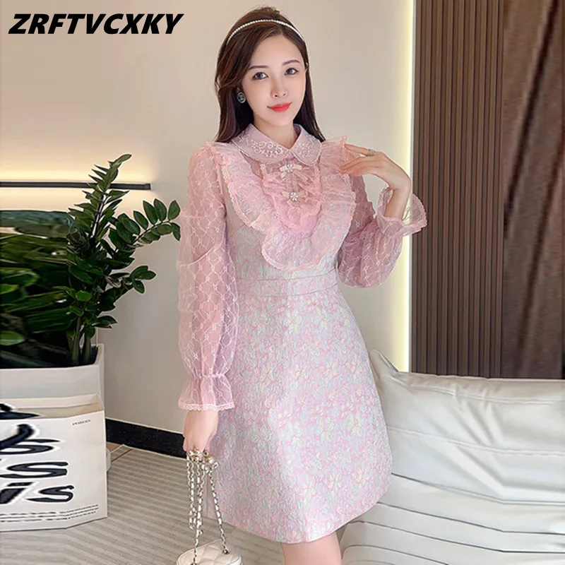 

Runway New Fashion Ruffle Mesh Patchwork Jacquard Dresses For Women Luxury Beaded High Waist Spring Design Pink Short Dress