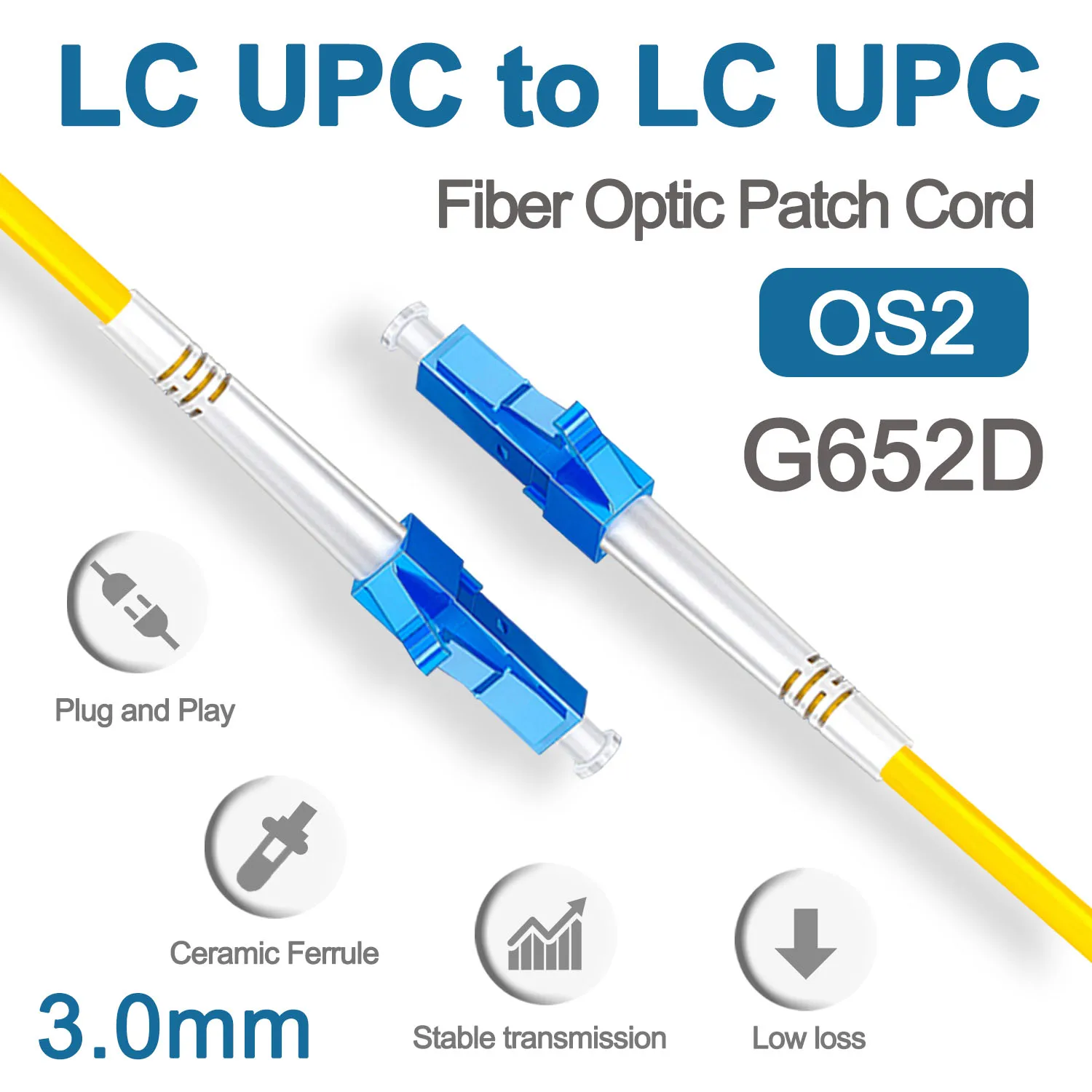 LC UPC Fiber Optical Patch Jumper Cable 3.0mm OS2 Cord Singlemode Simplex 1m 3m 5m PVC G652D SM 1310/1550nm FTTH Fiber Optic Cable