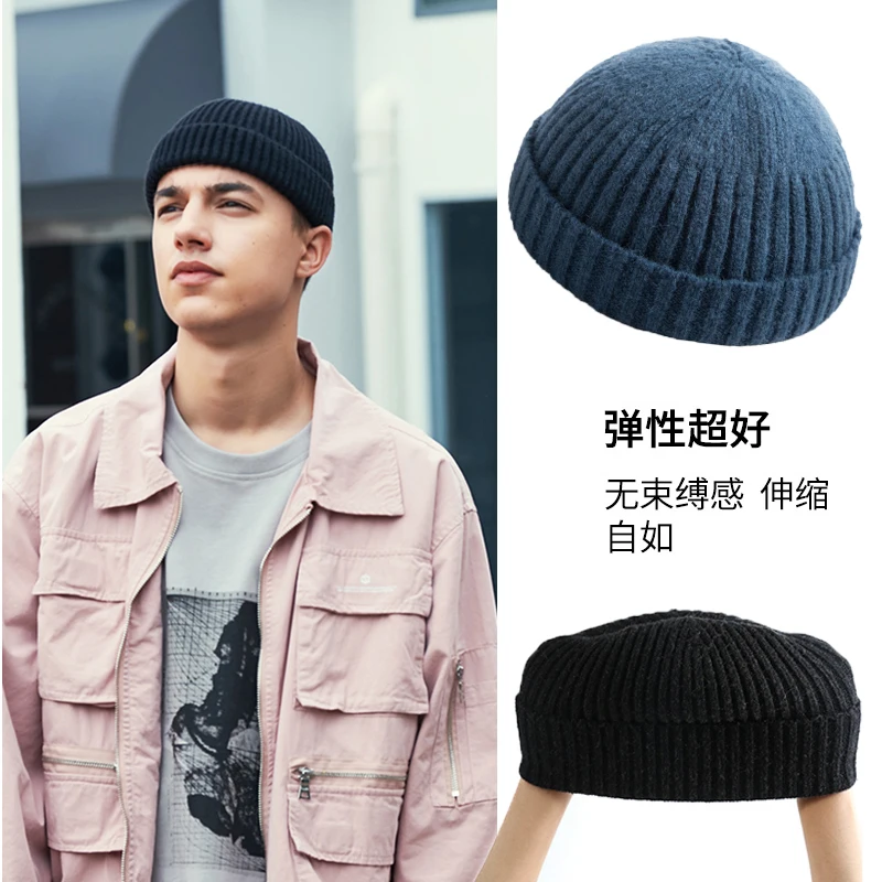 Super Elastic Knitted Hat Men japanese style Harajuku Brimless Dome Melon Leather Hat Women Street Hipster Landlord Beanie Men