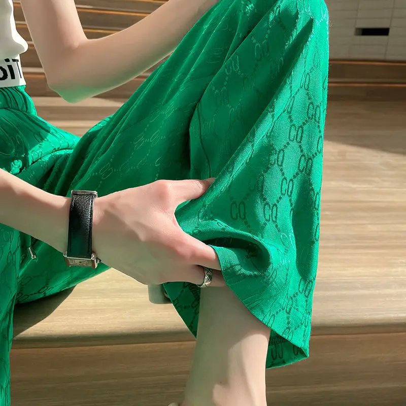 Summer Thin Fashion Loose Casual Ice Silk Wide Leg Pants Women Solid Jacquard High Waist Drawstring Pockets Straight Trousers