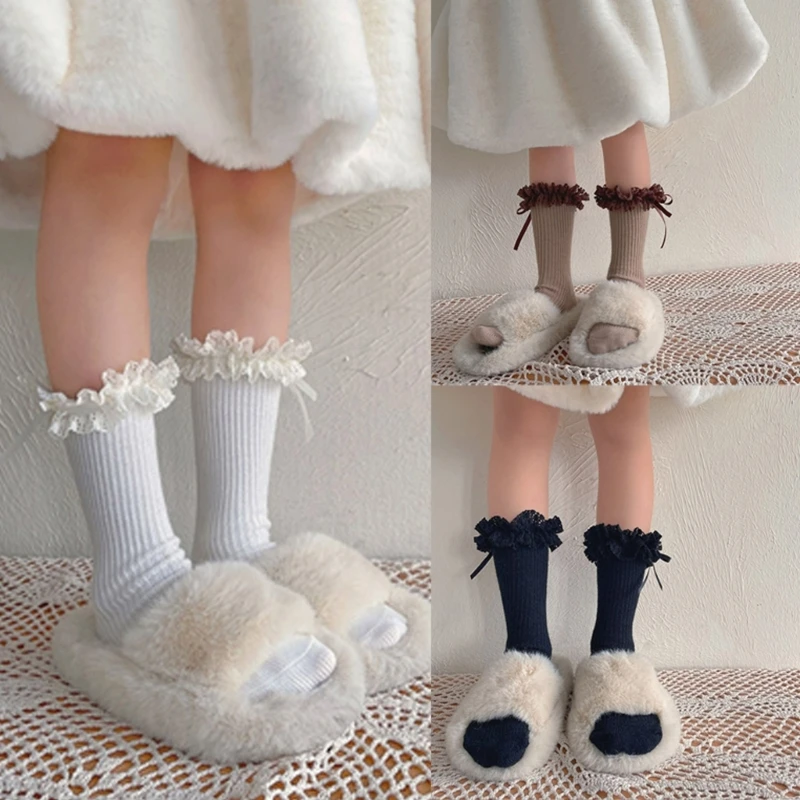 

Lovely Baby Socks Warm and Comfortable Piled Up Socks Stackable In Tube Socks with Lace and Bowknot Decors for Daily