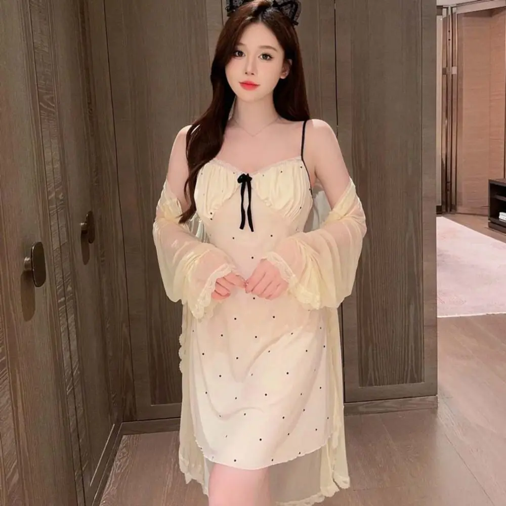 

Кружевная Цветочная Ночная рубашка в горошек, пижама без рукавов, одежда для сна из ледяного шелка, искусственное платье с подкладками, корейский стиль