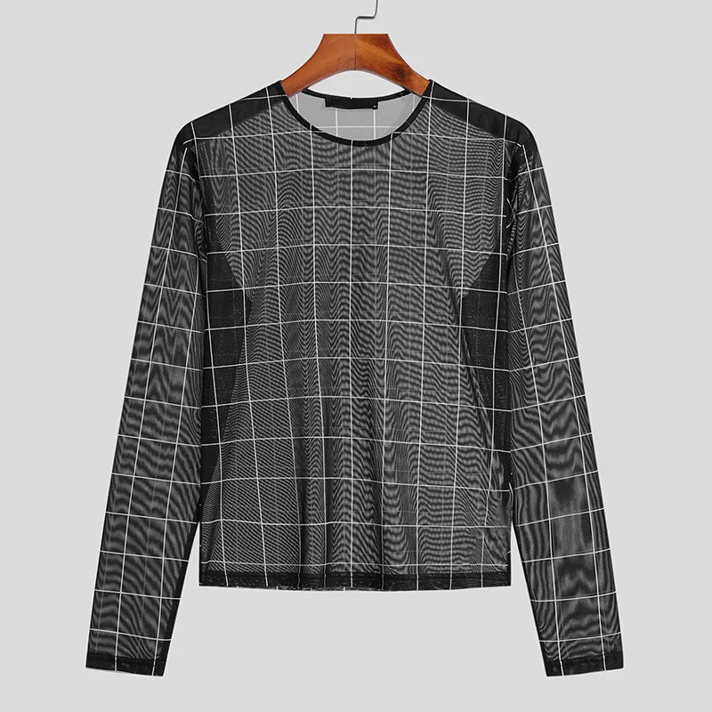 See-through T-shirts Men Sexy Tops Tight Undershirt Plaid Mesh T-shirts Long Sleeves Pullovers for Men Party Clothes