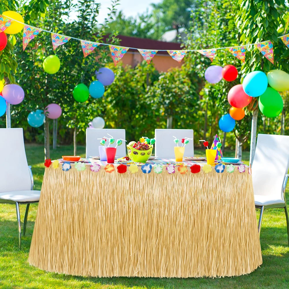 Hawaiianischer Stroh-Tischrock, tropischer Luau-Gras-Tischrock, hawaiianischer Meer, Strand, Hula, Party-Dekoration, Hochzeit, Geburtstag, Party-Dekoration – Detail 10