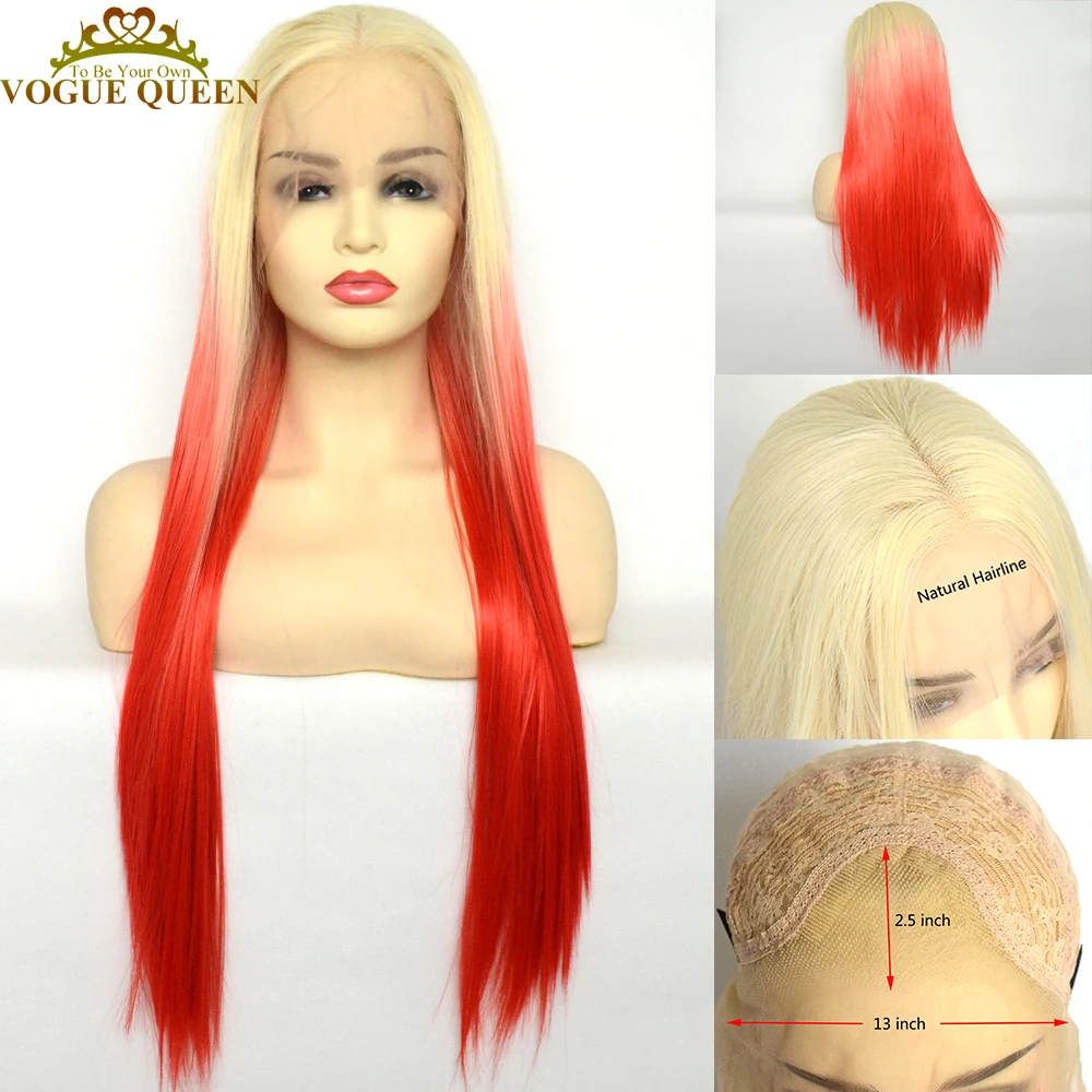 

Vogue Queen Straight Blonde To Red Ombre Synthetic Lace Front Silky Wig Heat Resistant Fiber Cosplay For Women