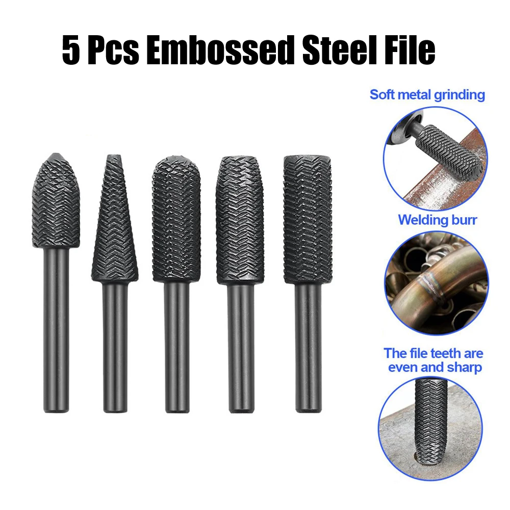 

5Pcs Embossed Steel File Electric Grinding Head Soft Metal Grinding Burr Reaming Rotary File Special-shaped File