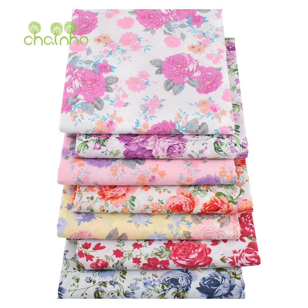 Chainho,Printed Plain Weave Poplin Cotton Fabric,DIY Quilting Sewing Material,Patchwork Cloth,Floral Series,3 Sizes,15PC163