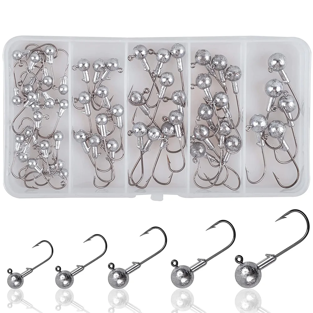 55Pcs Jig Heads Hooks Set Crappie jig heads Unpainted Football worm jig