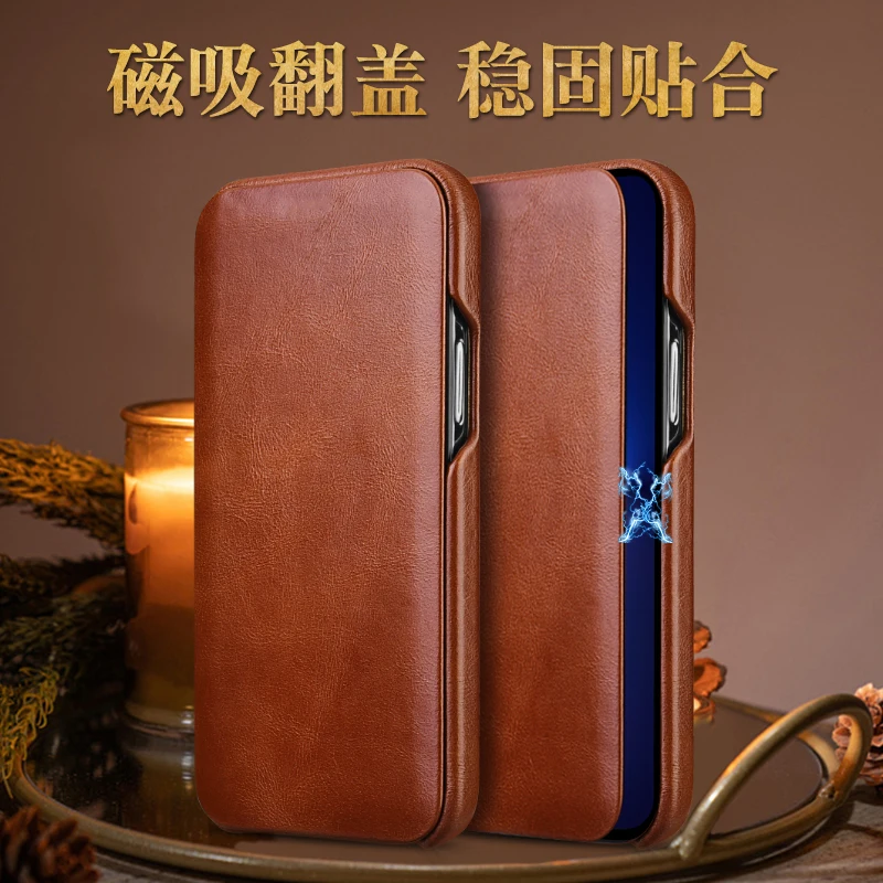 

New icarer Brand Curved Book Open Genuine Leather Real Cowhide Flip Cover Phone Case For iPhone 13 Pro Max Mini Vintage Magnetic