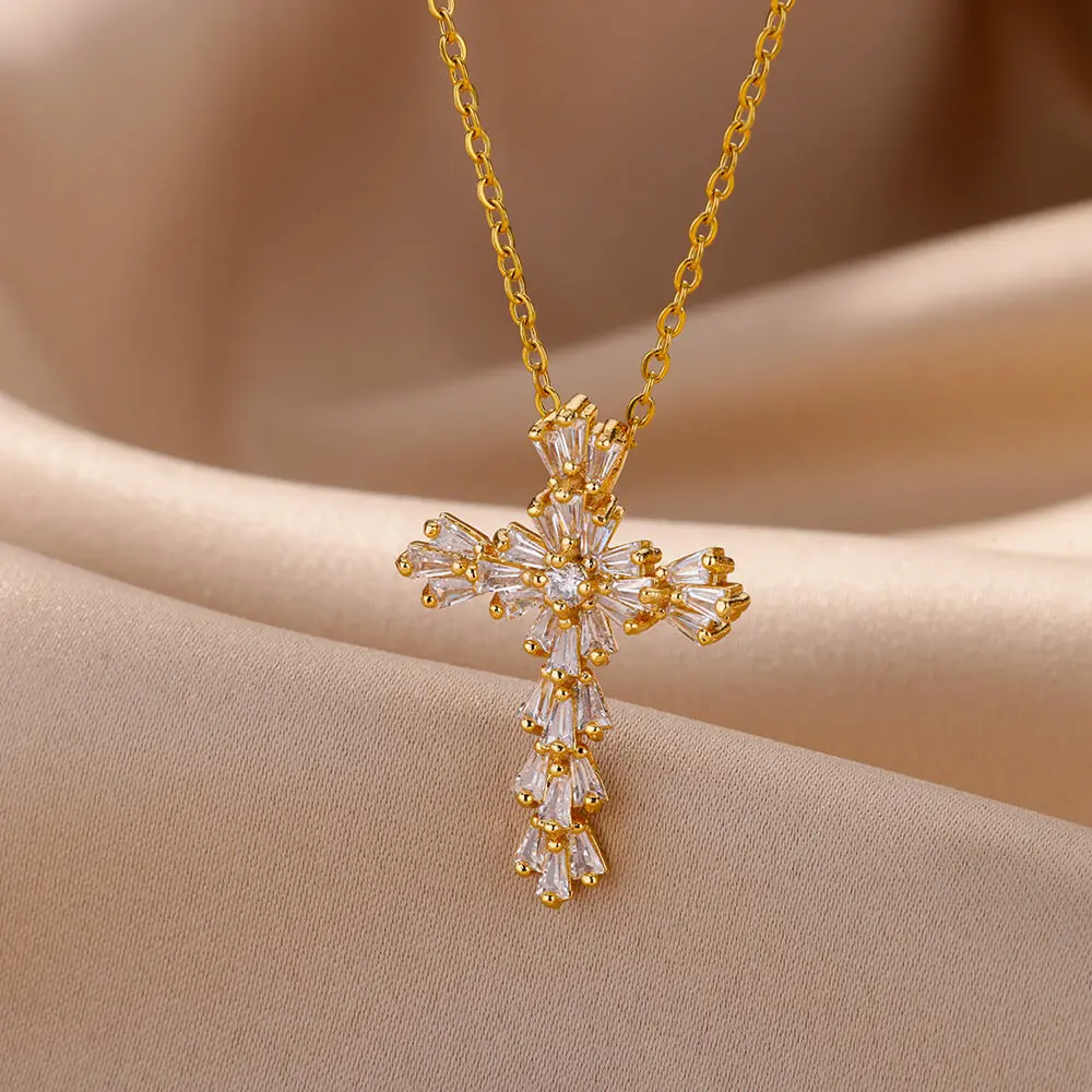 Fashion Zircon Crystal Cross Pendant Necklace for Women