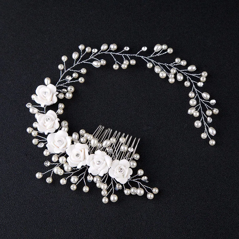 Perlenblumen-Haarkamm, romantisches Hochzeits-Haar-Accessoire für Frauen, Verlobungsfeier, Braut-Haarbänder, modische Kristall-Haarspange – Detail 4