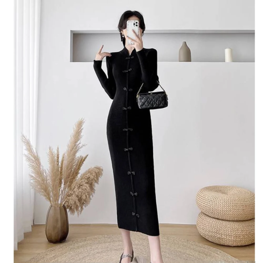 

Женское трикотажное платье-Ципао с длинным рукавом, прямого покроя, длиной до колена