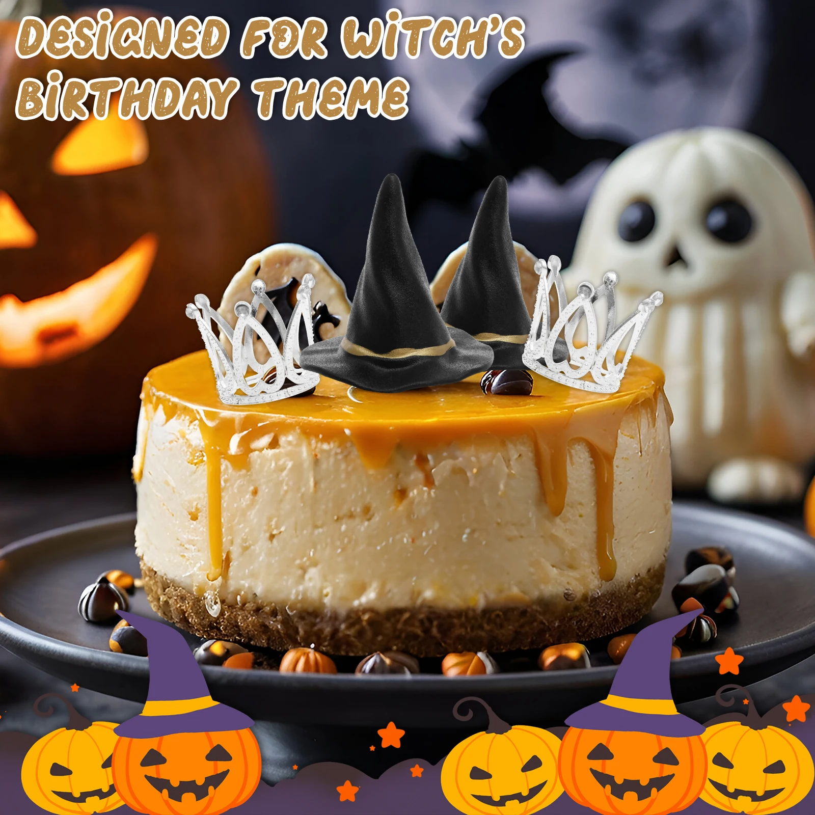 24Pcs Witch Hat and Crown Cake Topper Decor Birthday Cupcake Favors Silver Crown Decor Princess Cake Halloween Party Accessory
