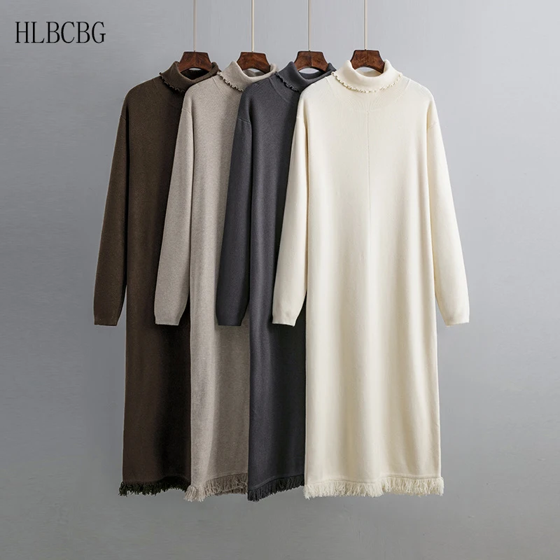 

HLBCBG Шикарные Длинные вязаные женские платья-свитера с высоким воротником, теплая демисезонная туника, облегающий пуловер, женское офисное платье
