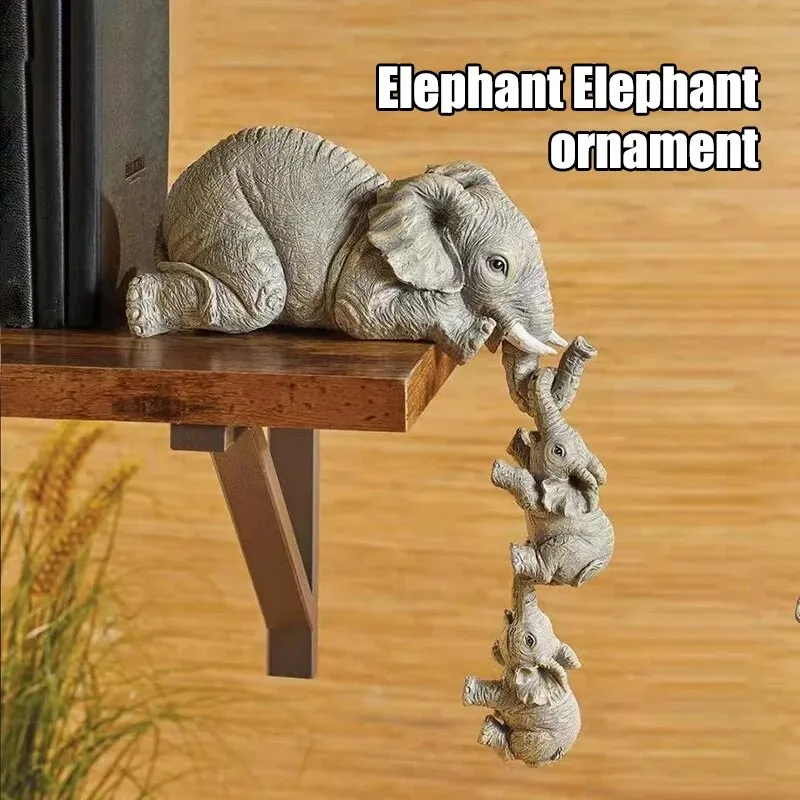3PCS/set Elephant Sitter Hand-Painted Figurines,Full Size Mother and Two Babies Hanging Off The Edge of a Shelf Or Table,Resin 2