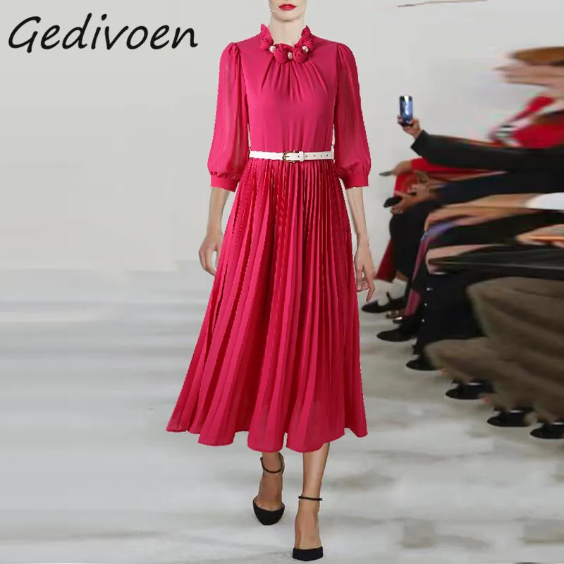 

Gedivoen Summer Fashion Runway Vintage Pleated Dress Women's O-Neck Ruffles Appliques Pearl High Waist Frenulum Party Long Dress