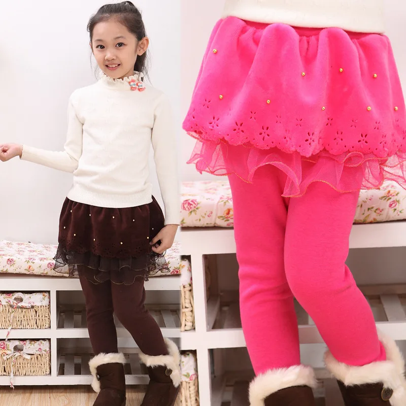 New Winter Girls Thick Leggings Lace Skirt Legging for Kids Cotton Children Pants Baby Tutu Pants Toddler Warm Trousers