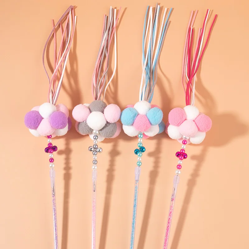 Cat Teaser Wand Beaded Decor Cat Interactive Toy Cat Tassel Wand With Pompom And Bell Pet Supplies Cat Favors Toys With Bell dangler wand cat toy