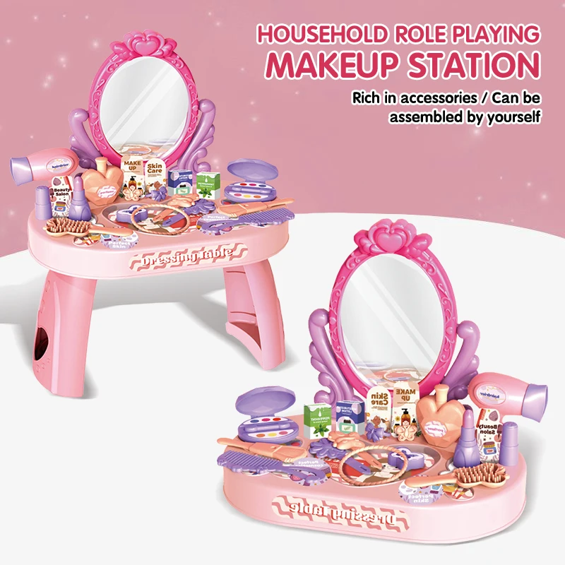 Children's Play house Toy Girl Simulated Dressing Table, DIY table and stickers, Girl pretending makeup toy gift for kid