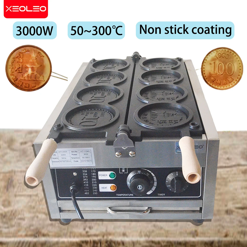 

XEOLEO Commerical 4PCS Korean Coin Waffle Maker 3000W Non-stick Coating Gold Coin Bread Waffle Making Maker Electric/Gas