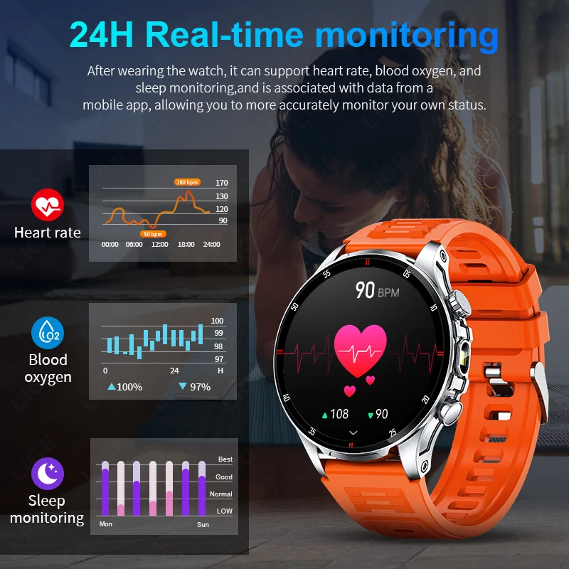 LIGE New Men's Voice Calling Smart Watch Outdoor LED Flashlight 100+ Sport Fitness IP68 Smart Watch Health Monitoring Wristwatch