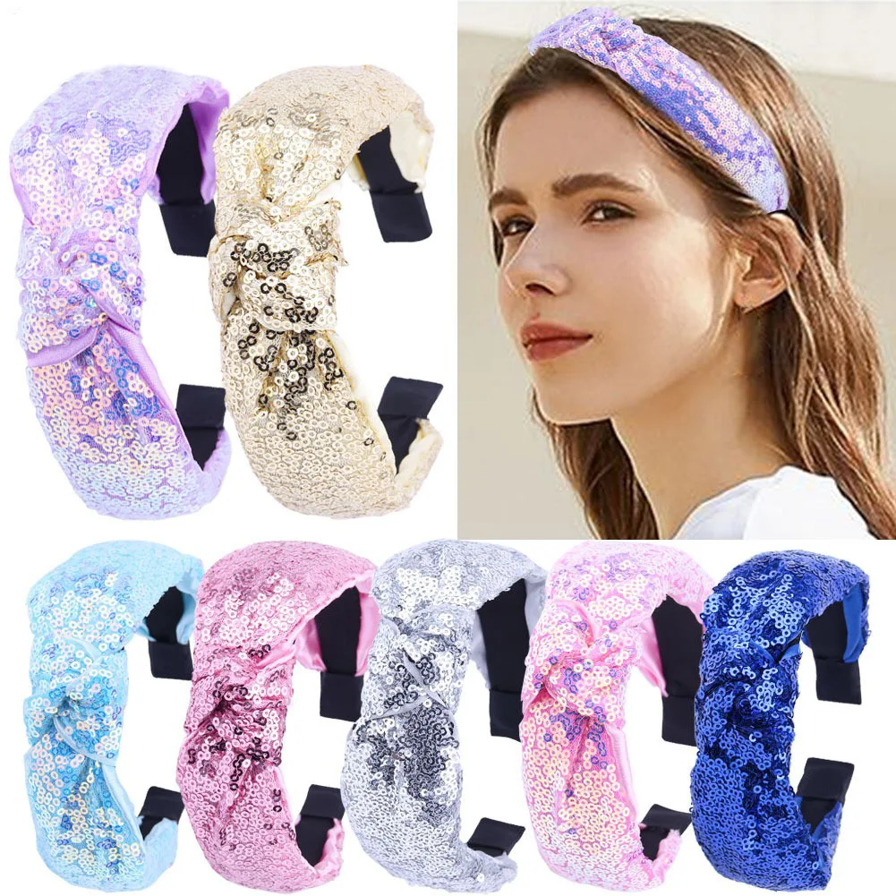 

Wide Sequins Knot Headbands Fabric Knitted Silk Hairbands For Women Girls Handmade Hair Hoops Hair Accessories