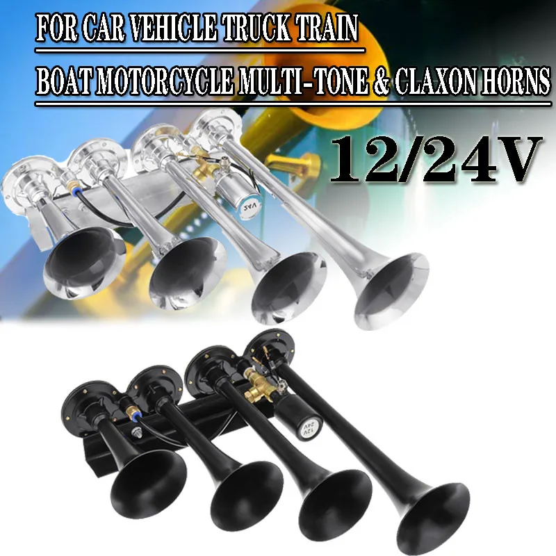 

12V-24V 185DB Super Loud Four Trumpet Air Horn Super Loud Four Tube Speaker Side By Side For Car Vehicle Truck Van Train Boat