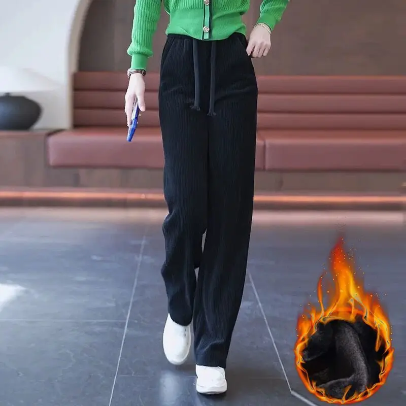 Women's Autumn Winter Solid Screw Thread Bandage High Waisted Drawstring Casual Loose and Thickened Wide Leg Trousers Pants