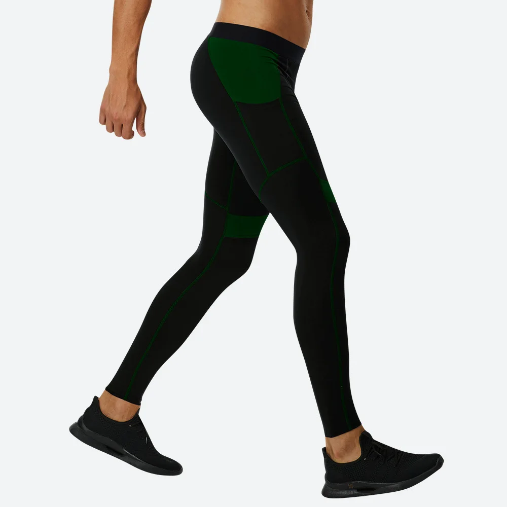 Men Patchwork Compression Running Tights Trousers Phone Pocket Elastic Leggings Fitness Gym Bodybuilding Long Pants