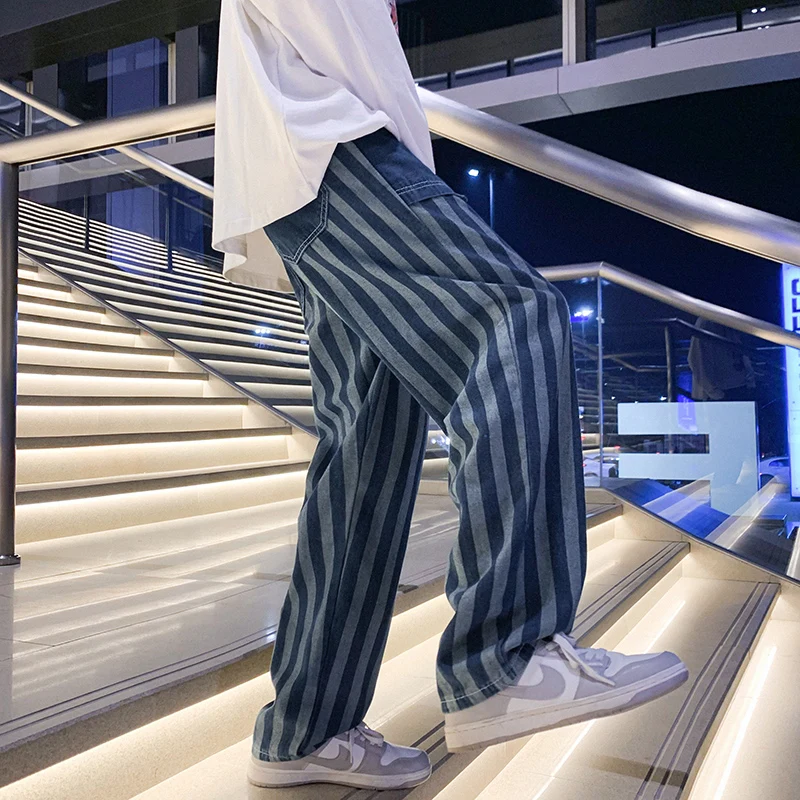 Men's Blue Striped Baggy Jeans 2022 Spring New Korean Fashion Y2k Style Denim Straight Wide Leg Pants Male Branded Trousers