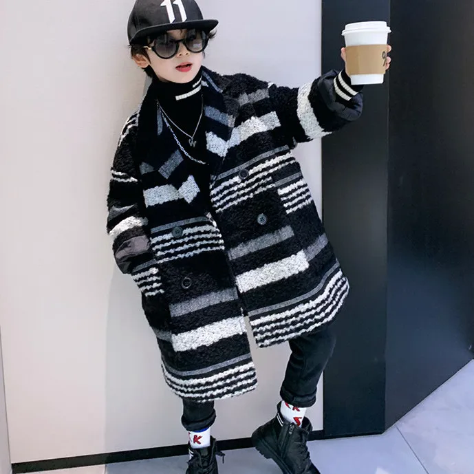 

Boys Wool Coat Autumn Winter Childrens Jacket Fashion Turn Collar Striped Keep Warm Outerwear Teenage Clothes 5-14Y Clothes S85