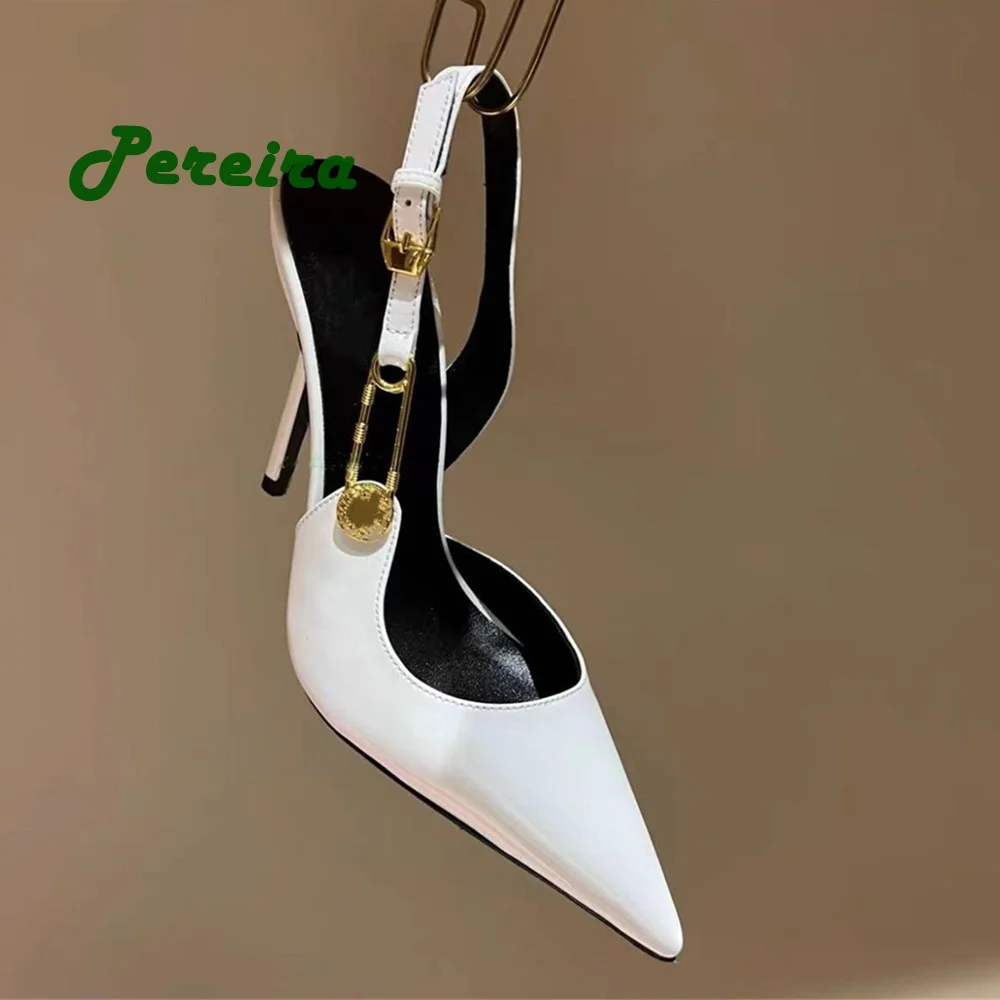 

White Metal Buckle Pumps Slingback Pointy Toe Thin Heels Summer Shoes for Women Solid Color Bling Ankle Strap Party Luxury Shoes