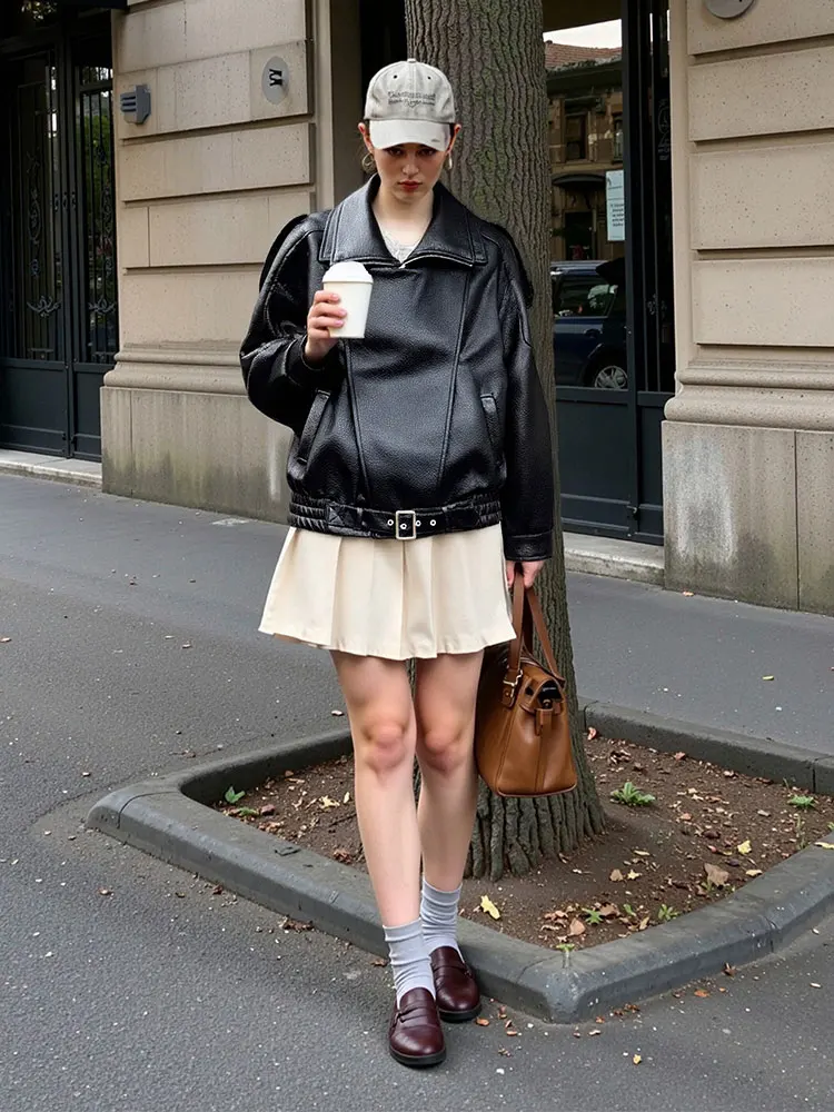 HH Women Vintage Solid Faux Leather Jacket Lapel Long Sleeve Zipper Jackets Female Autumn Winter Thick Warm Lady Outerwear