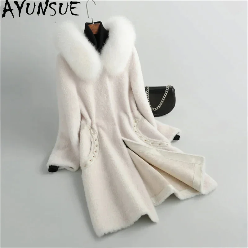 

100% AYUNSUE Wool Jackets for Women 2024 Autumn Winter Luxury Fox Fur Collar Sheep Shearing Jacket Hooded Coat Outerwears