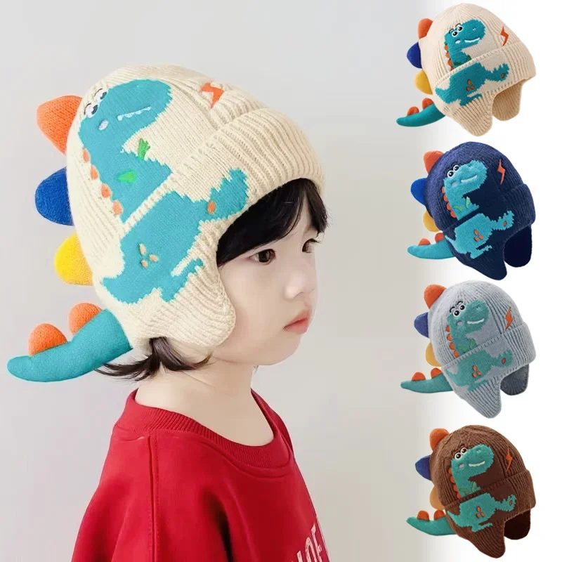 Small Dinosaur Cartoon Ear Protection Cap Children's Knitted Cap Fall and Winter New Children's Wool Warm Windproof