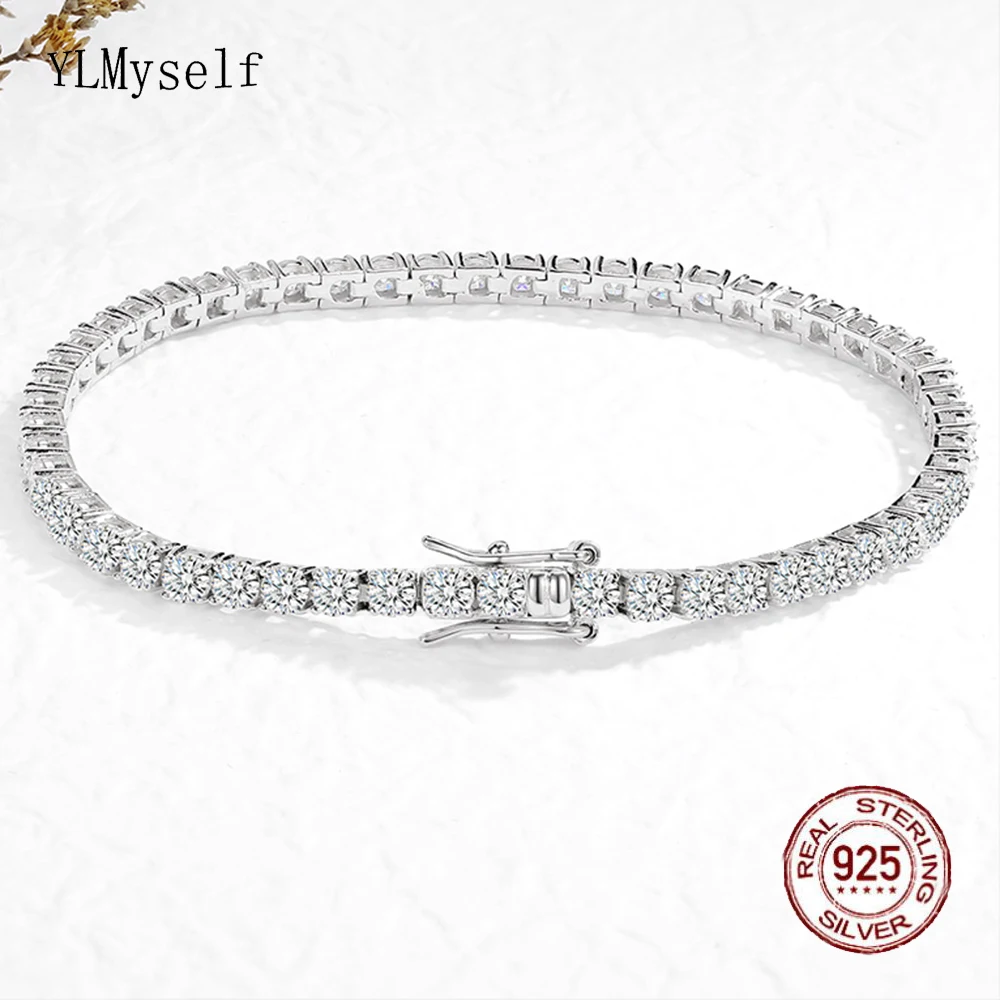 

2MM/3MM/4MM Real Moissanite Diamond Chain Fine Jewelry Hiphop Rock Solid Pure S925 Silver Tennis Bracelet for Women/Men