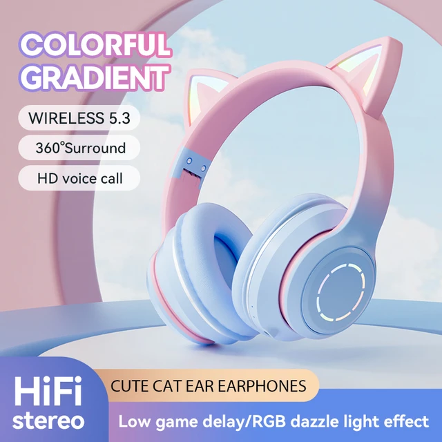 Auriculares inalámbricos con orejas de gato para niños y niñas, audífonos  con luz LED RGB, estéreo, música, Bluetooth, PC, Gamer, portátil, regalo -  AliExpress