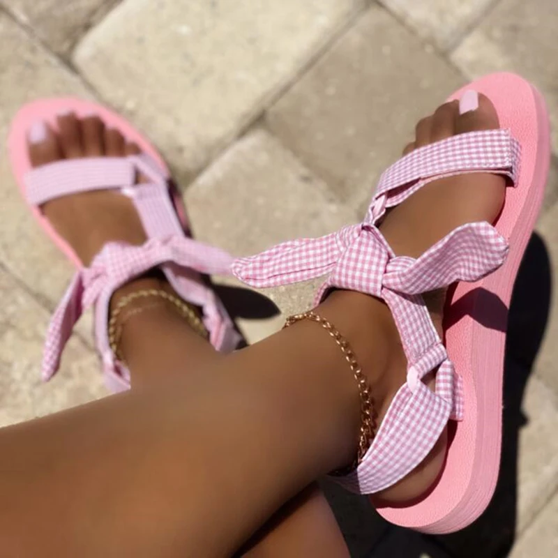 

New Women Sandals Color Flat Casual Lace Up Bow Shoes for Ladies Summer Fashion 2021 Outdoor Leopard Beach Footwear Plus Size 43