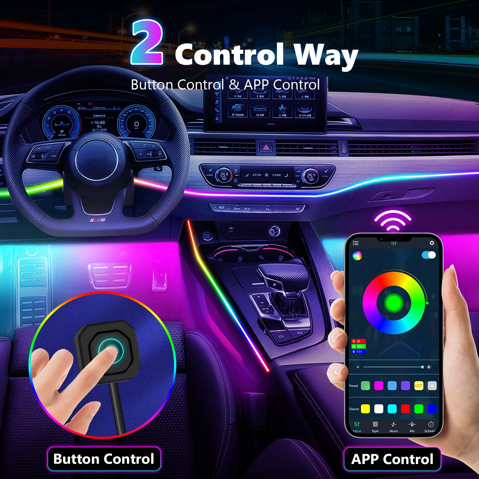 AUTCOAT 알루미늄 자동차 휠 타이어 밸브 캡, 타이어 림 스템 커버, 자동차/오토바이/트럭/자전거용, 에어더스트 방수, 4개 세트 8 심포니 자동차 주변 조명 RGB 213 색상, 범용 자동차 인테리어 LED 스트립, 아크릴 백라이트 가이드, 심포니 분위기 램프, 22in 1