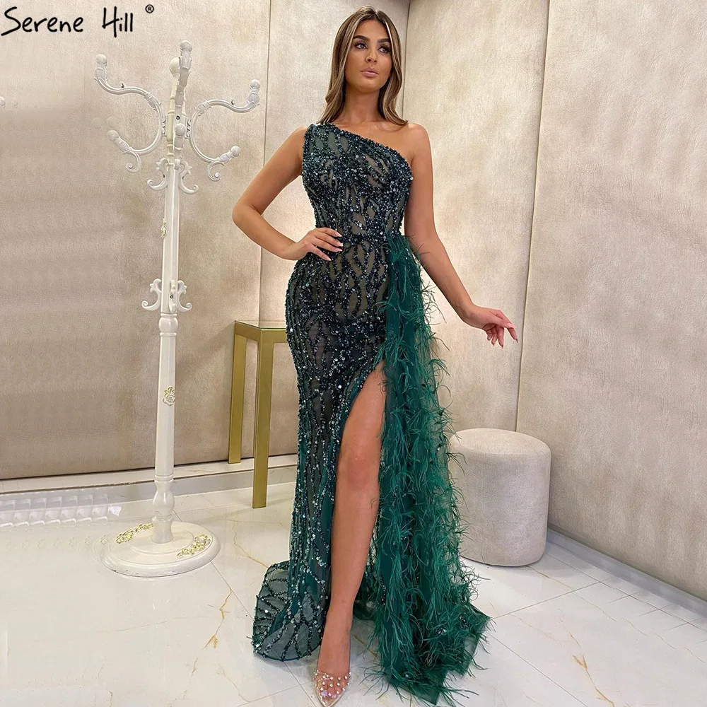 

Real Photos Luxury Dubai High Slit One Shoulder Feathers Mermaid Sequined Beaded Lace Evening Dress Prom Gown for Party