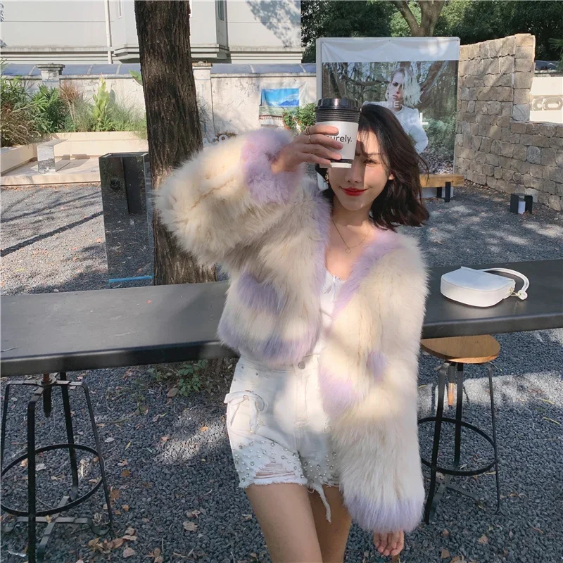 Two-sided Fox Fur Woven Coat Lady Short Young Knitted High Street Thick Warm Fur Fluffy Jacket Women Color  Contrast Outerwear