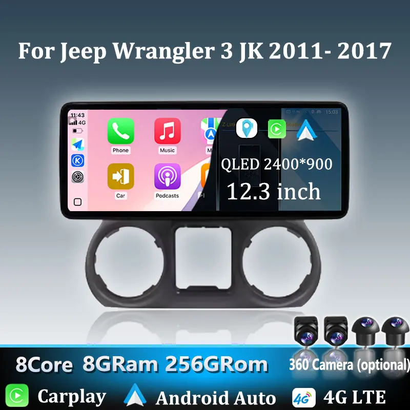 CarPlay Inalámbrico para Jeep Wrangler 3 JK 2011-2017, Radio de Auto Android 16, Reproductor Multimedia, Navegación GPS, 4G WIFI, 2400*900P 1