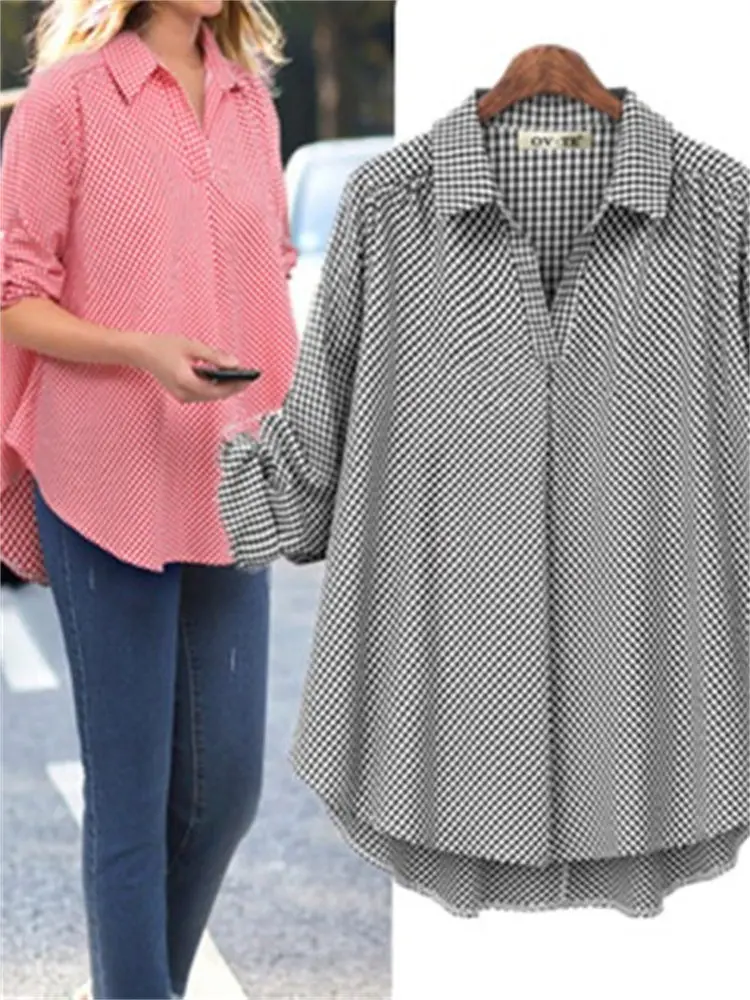 

Women Blouse Summer Plaid Shirts 2023 Shegifts Casual Loose Long Sleeve Lapel Neck Tops Femininas Elegant Office Lady Shirts