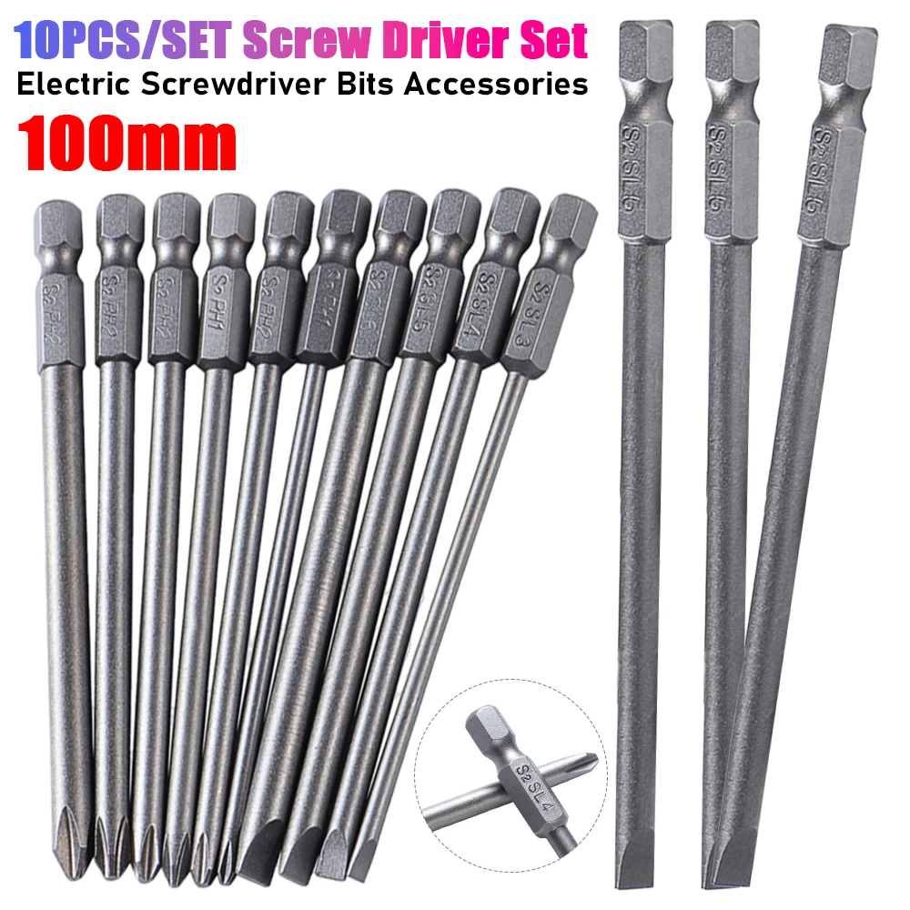 Screwdriver Set 10pcs/set Hex Cross Head S2 Steel Slotted Phillips Head 100mm Long