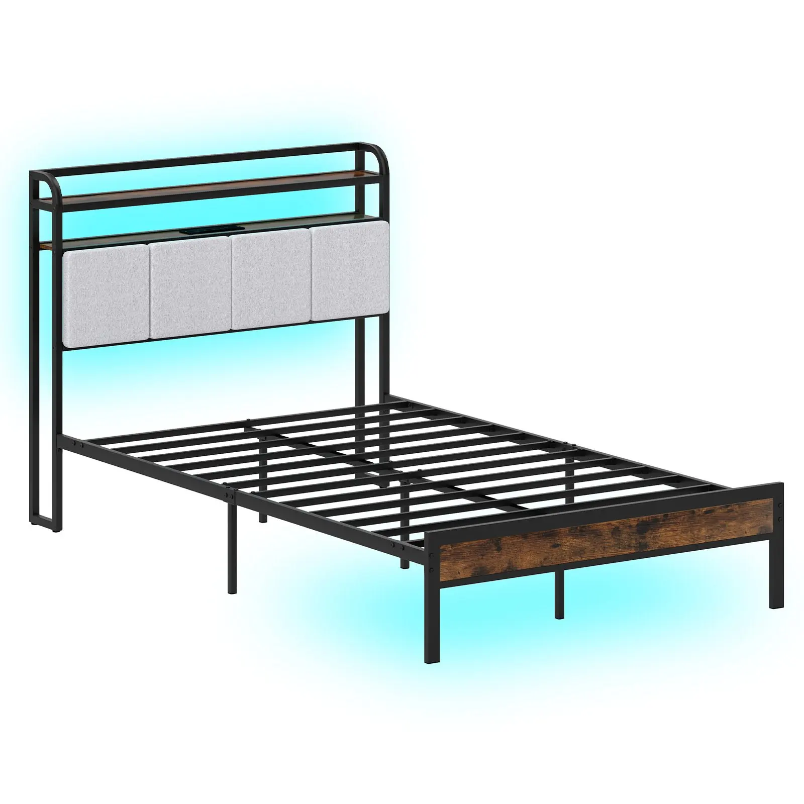 Bed with LED Lighting and Charging Station,with Padded Headboard,2-Tier Storage Space and Slatted Frame,Maximum Load 500 kg