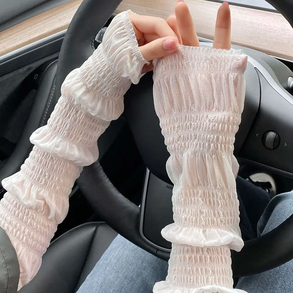 Ice Silk Cooling Arm Sleeves Elegant Lace Ruffle Sun Sleeves Transparent Thin UV Arm Sleeves Driving