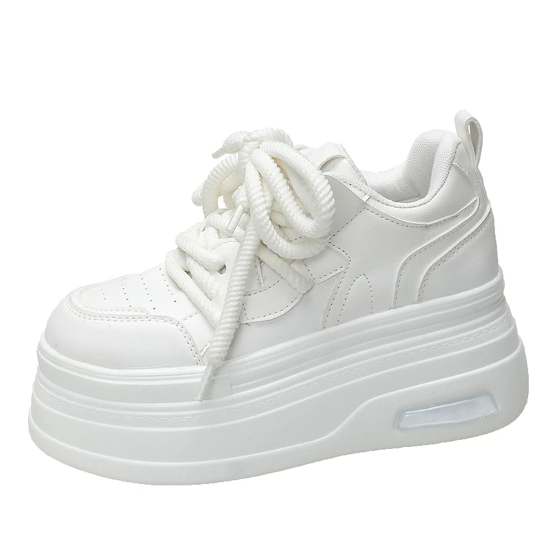 Women Leather Chunky Sneakers Spring Autumn Platform Casual Shoes Lace-up Breathable Sports Shoes Woman Vulcanized Shoes 8.5CM