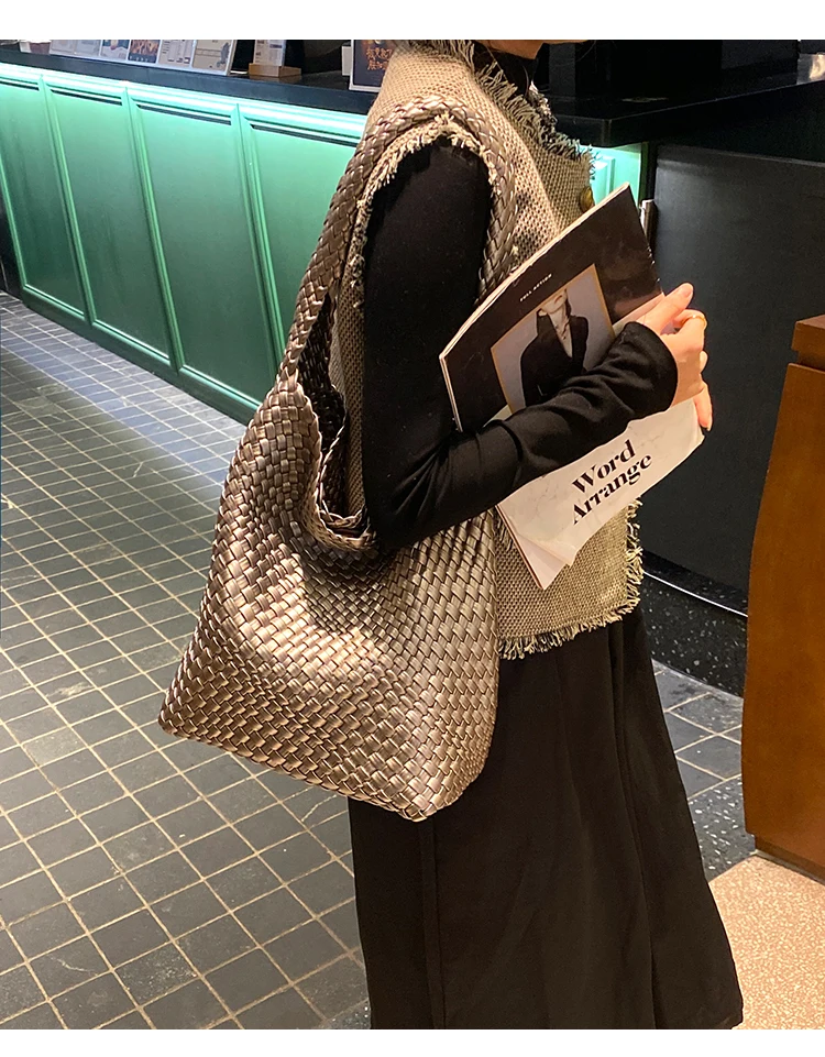 Borse Tote tessute per donna borsa Tote in morbida pelle borse da donna tessute borsa a tracolla estiva borsa con manico superiore di grande capacità - immagine 3