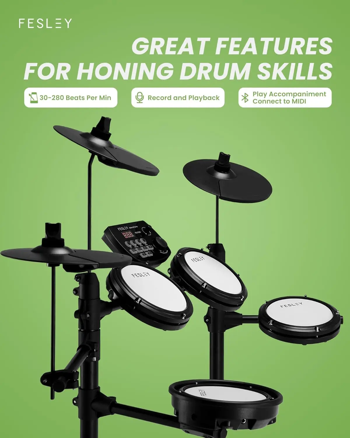Fesley FED150W Electric Drum Set Electronic Drum Set with 4 Quiet Mesh Pads Dual Zone Snare Drum Portable Set