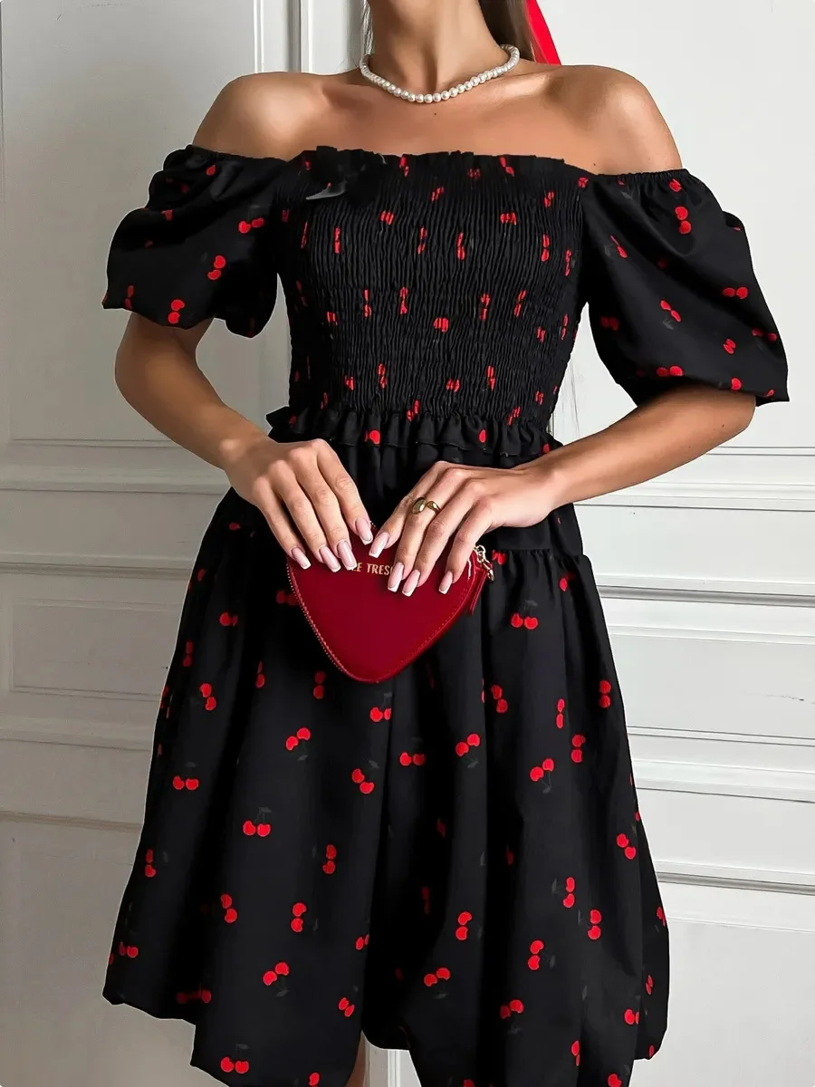 Bornladies Square Neck Bubble Sleeve Dress Women's Summer New Waist Cinching Short Skirt Sweet Girl Printed Slim Fit Short Dress